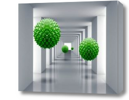 Картина 3D Зеленые шары в тоннеле